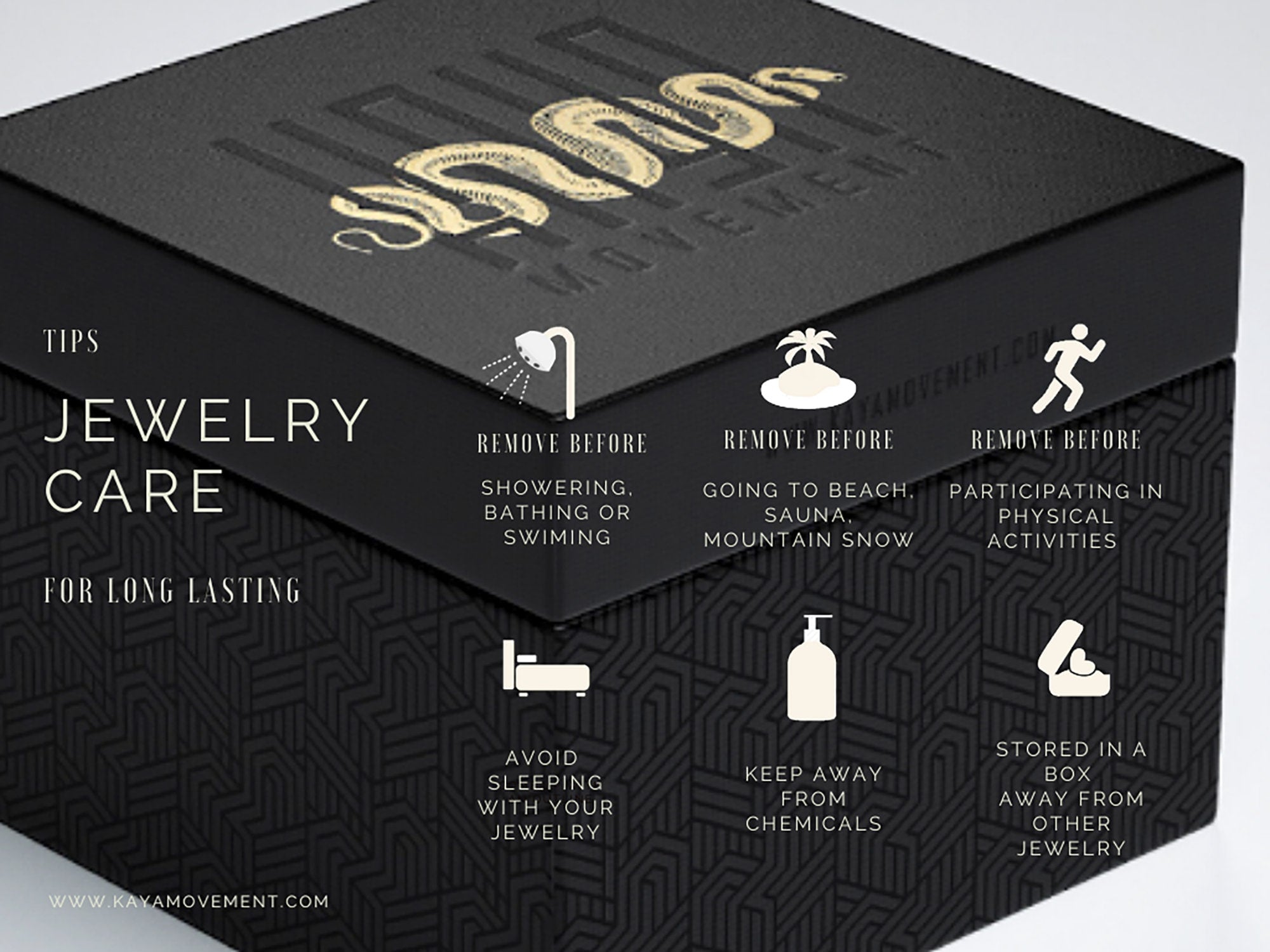 A black jewelry box featuring gold and black geometric patterns, adorned with "Kaya Movement" on the lid. Nearby are jewelry care tips for the Fake Septum "Solara" 925 Silver Mandala: remove before showering, at the beach, and during physical activities; avoid sleeping with it; keep away from chemicals; store 925 silver pieces separately.